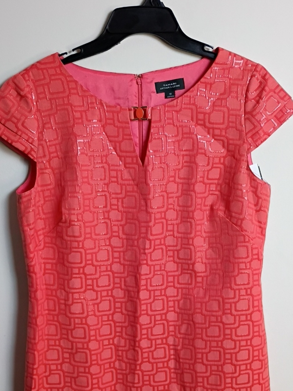 Tahari Coral-Orange Geometric Cap-Sleeve Sheath Top